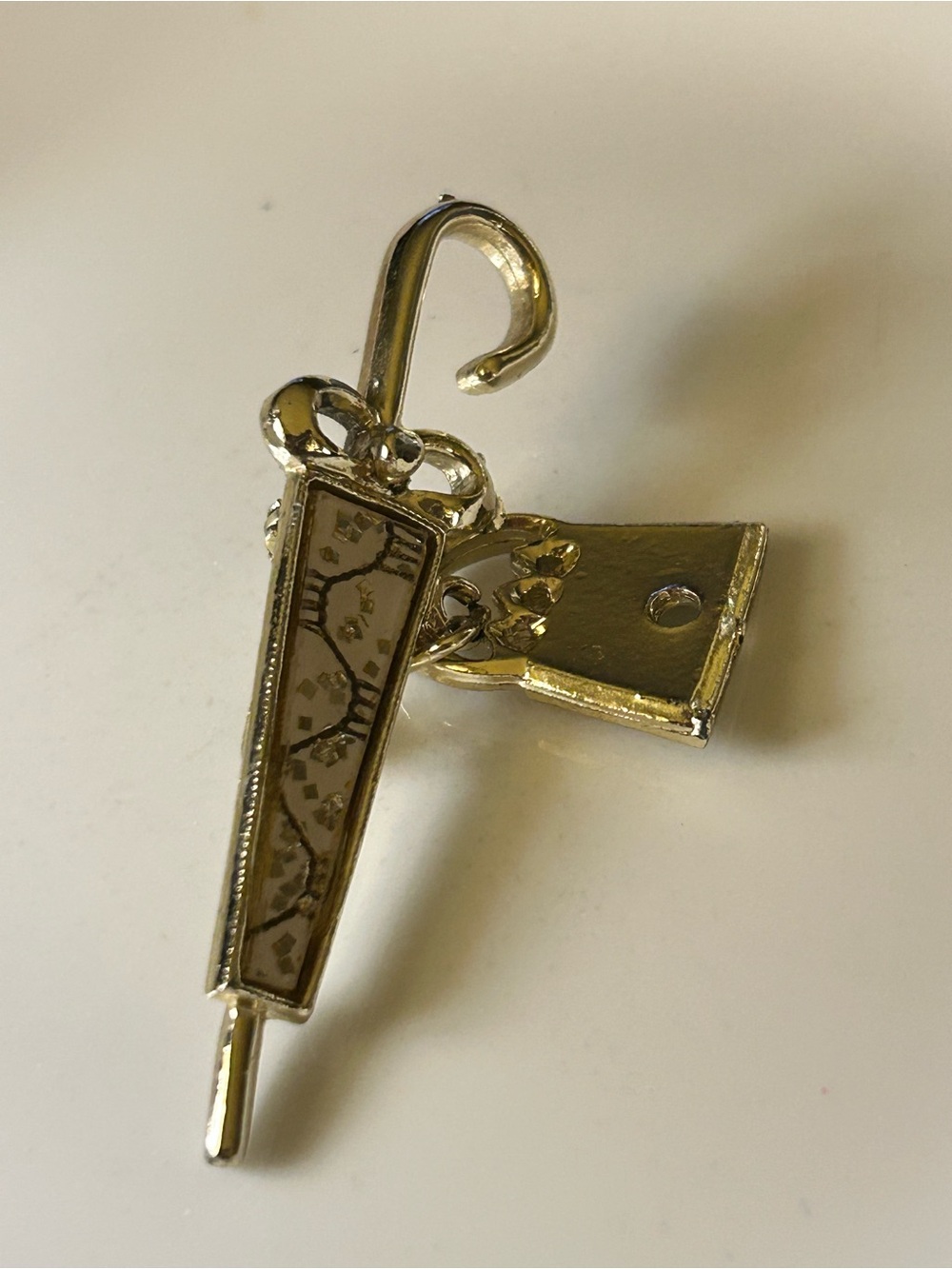 Vintage Gold-tone Umbrella & Bag Charm Pendant Brooch gold fleck foil pin